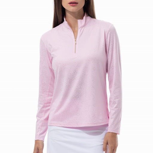 SanSoleil Solshine Foil Prnt Mock Wmn LS Sun Shirt - Pink/Gold/XXL