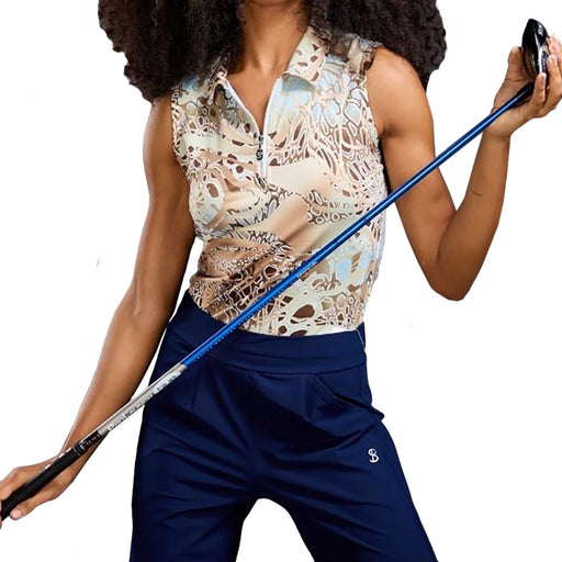 Sofibella UV Feathers Womens SL QZ Golf Polo - Gold Animal/2X