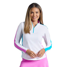 Load image into Gallery viewer, Ibkul Color Block Long Sleeve Mock Womens Golf QZ - Hot Pnk/Turquoi/L
 - 1