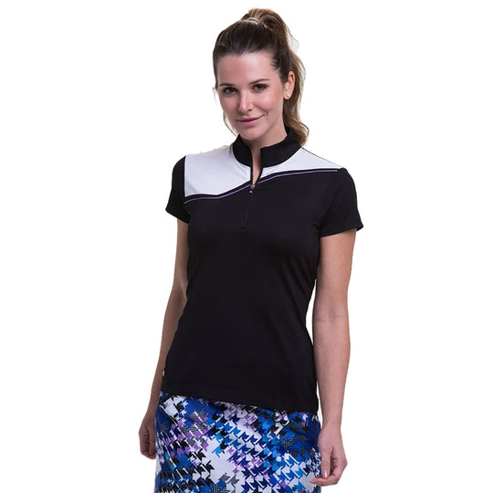 EP New York Mock Zip Black Multi Womens Short Sleeve Golf Polo