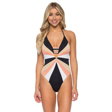 Load image into Gallery viewer, Isabella Rose Plunge Halter 1pc Womens Swimsuit - Black Multi/M
 - 1