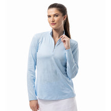 Load image into Gallery viewer, SanSoleil Solshine Foil Prnt Mock Wmn LS Sun Shirt - Artic Blu/Silvr/XXL
 - 10