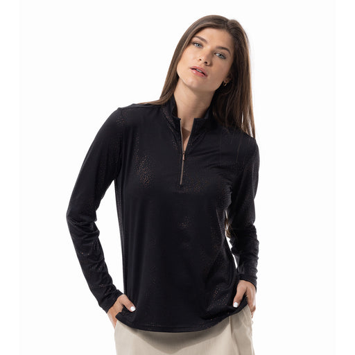 SanSoleil Solshine Foil Prnt Mock Wmn LS Sun Shirt - Black/Copper/XL