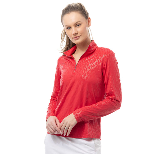 SanSoleil Solshine Foil Prnt Mock Wmn LS Sun Shirt - Block Chain Red/XL