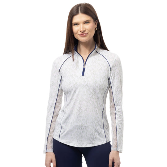 SanSoleil Sunglow Printed Zip Mock with Piping Womens Long Sleeve Sun Shirt