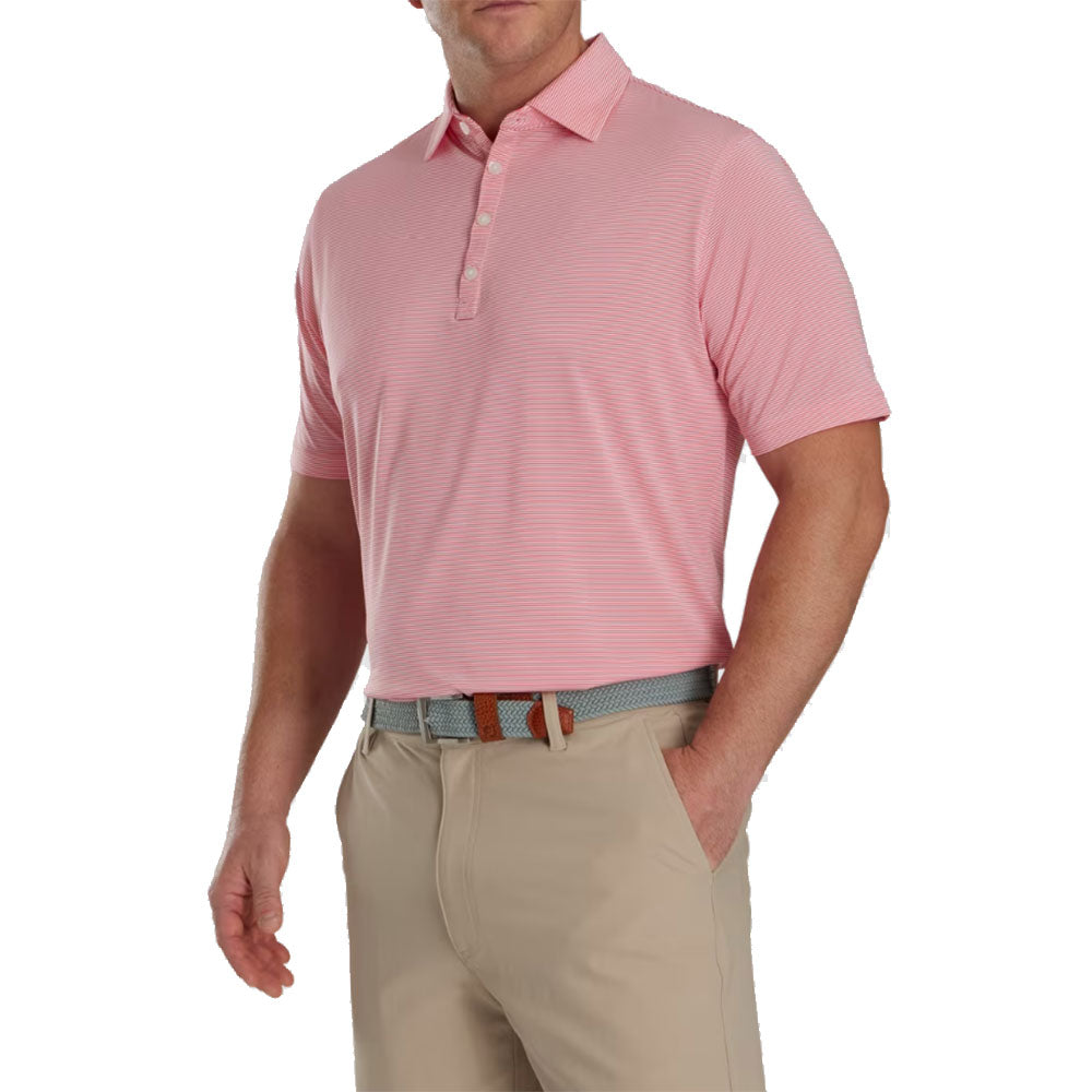 FootJoy Micro Feeder Stripe Mens Golf Polo - Coral Red/White/XL