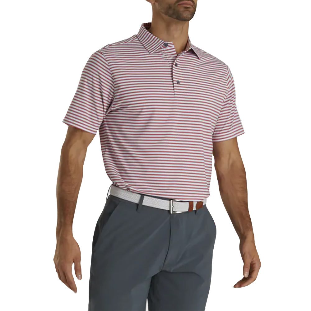 FootJoy Stretch Lisle Pinstripe Mens Golf Polo - White/Red/Navy/XXL