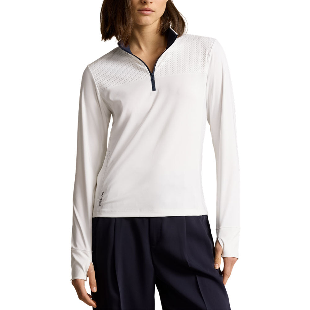 RLX Polo Golf Eyelet Perf. QZ Womens Golf Pullover - White/Navy/L