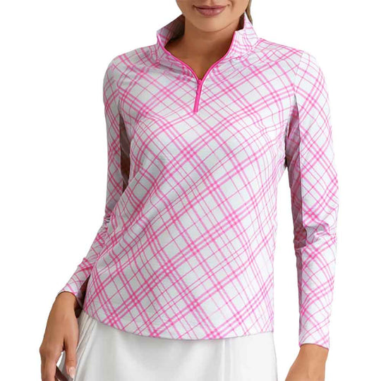 Ibkul Tony Plaid Essential Long Sleeve Mock Womens Golf Quarter-Zip