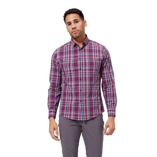 Mizzen + Main Leeward Classic Fit Plum Gray Plaid Long Sleeve Mens Dress Shirt
